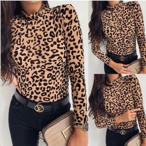 Women leopard print turtleneck blouse